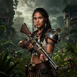 portrait of a young very beautiful cute tribal woman with a steampunk gun, in a post apocalyptic city overgrown with lush vegetation, by Luis Royo, by Greg Rutkowski, dark, gritty, intricate, head space, volumetric lighting, volumetric atmosphere, concept art, cover illustration, octane render, trending on artstation, 8k