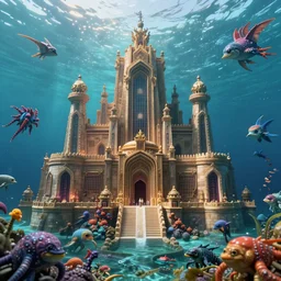 of the lost city of Atlantis undersea with strange creatures swimming around, low angle, octane render, macro, shallow dof, ultra realistic, hyper-realistic, exquisite architecture, hyper-realistic, ultra-detailed, cinematic lighting, vibrant colors, W- 1028