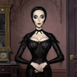 morticia addams from the addams family painted by norman rockwell