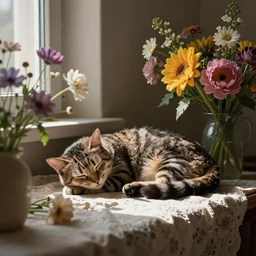 a cat is sleeping in the room with flowers around in the afternoon, the sun shines in, by anton fadeev