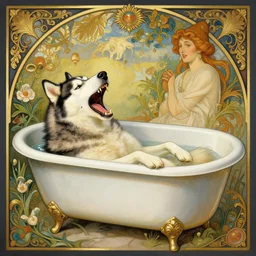 a husky lying in a bathtup screaming, elegant intricate digital painting, trending on artstation, by artgerm and greg rutkowski and alphonse mucha