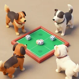 4 humanoid dogs playing dice games with miniatures, casual setting, digital art
