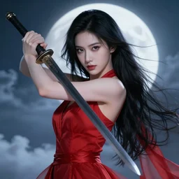 a beautiful fierce long black haired woman wearing red dress wielding black sword posing gracefully, heavenly moonlit clouds background, close up shot, artstation, extremely detailed woman, stunning volumetric lighting, hyper realism, fantasy 4k