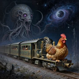 chicken train, cosmic horror painting, elegant intricate digital painting artstation concept art by mark brooks and brad kunkle detailed