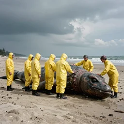 1940s photo, long shot, German soldiers examine yellow chemical protective suits on a giant creature washed up on a beach.