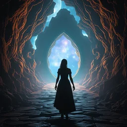 a woman stands before a portal to another universe in the style of cedric peyravernay, wlop, greg rutkowski, fantasy, epic, raytraced lighting, volumetric lighting, unreal engine 5