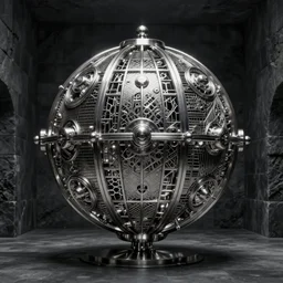 steel silver mechanical sphere in the back of dark stone walls room, intricate, elegant, sharp focus, highly detailed, concept art, digital painting, aleksi briclot, rutkowski, beksinski