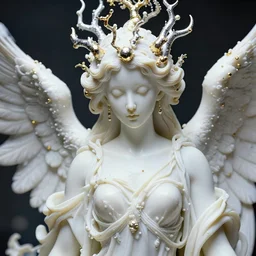 hyper detailed ultra sharp portrait of a beautiful well contoured porcelain ivory angel!, artstation!! detailed elegant clothes, up close shot, sharp focus, global illumination, ambient lighting pixiv!! scenery art, biomechanical white silver gold rhizomorphs headdress, vaporwave brackets, dream texture, alexandre ferra, irakli nadar, alexander mcqueen, 4 k, ultra hd