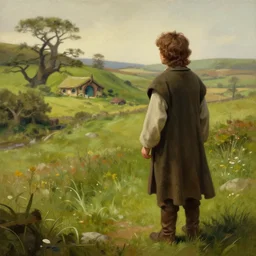 frodo standing looking back over hobbiton, bag end visible in the distance, by alan lee, michal karcz, smooth details, lord of the rings, game of thrones, smooth, detailed terrain, oil painting, trending artstation, concept art, fantasy matte painting