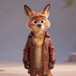 portrait, 3 d render, anthropomorphic coyote male, wearing along brown leather jacket, in the style of zootopia