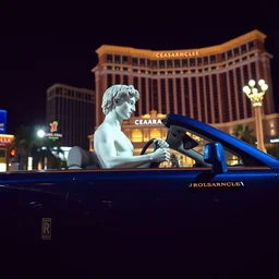 the statue david from michelangelo with the steering wheel in his hands sitting inside a blue rolls royce convertible in front of ceasars palace in las vegas at night