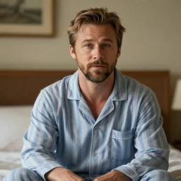a photorealistic photograph of a ryan gosling dressed in pajamas. trending on Artstation, featured on Behance, well-rendered, fine detail, extra crisp image, Unreal Engine, 4K HD
