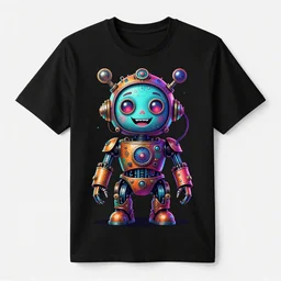 mockup of a black tshirt with a hyperdetailed portrait of a happy steampunk robot on lsd, 8 k, symetrical, flourescent colors, happy trippy mood, multicolored,