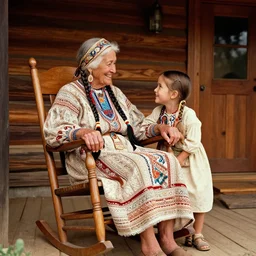an elderly cherokee woman, cinematic, vintage, warm color palette, cinecolor, happy, very detailed and intricate, hypermaximalist, elegant, ornate, hyper realistic, super detailed, sitting in a rocking chair outside a cabin smiling at her granddaughter