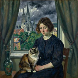 portrait of sad woman and persian cat with city with gothic cathedral and tall trees seen from a window frame with curtains, vase. thunderstorm. mikalojus konstantinas ciurlionis, henri de toulouse - lautrec, utamaro, matisse, balthus