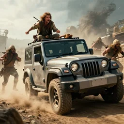 Mahindra thar, tribe members attacking, furious action scene, Chase, an epic fantasy, dramatic lighting, cinematic, establishing shot, extremely high detail, photorealistic, cinematic lighting, artstation, by christopher nolan, horizon forbidden west