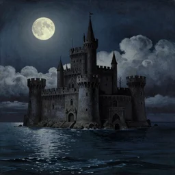 castle on sea, moon, DARK  SCHEME, by studio ghibli painting,by Joaquin Sorolla rhads Leyendecker, by Ohara Koson and Thomas, cloud.