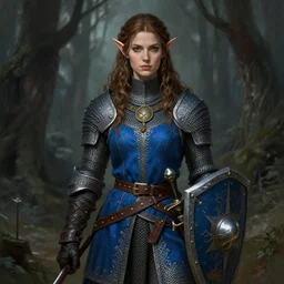 portrait knight female chainmail blue surcoat tabard in the grim forest, elf long weaving brown hair, round medallion, leather gloves, blue surcoat, wide belt scabbard, shield, dnd fantasy, intricate, digital painting, artstation, concept art, matte, sharp focus, illustration, hearthstone, art by loes romero, artgerm, mucha