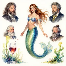 Mermaid, Wineglass, Algae. Trending on ArtStation. A vibrant digital watercolor painting. A highly detailed fantasy character illustration by Wayne Reynolds and Charles Monet and Gustave Dore and Carl Critchlow and Bram Sels