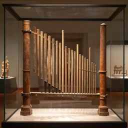 a roman Hydraulis behind a protective glass layer in a museum.