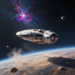 deep space alien spacecraft landing on an alien planet surface, dust, particles, by Raphael Lacoste, Eddie Mendoza, Alex Ross, bokeh on background of neon outer space nebulas by Pilar Gogar, concept art, matte painting, 8K HDR