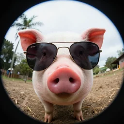 pig wearing sunglasses, very close to the camera almost touching it, fisheye lens photo