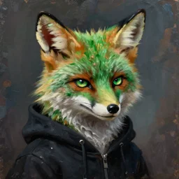oil painting portrait of anthropomorphic female green fox animal, dressed in black hoodie. fox animal, glowing eyes, oil painting, smug,