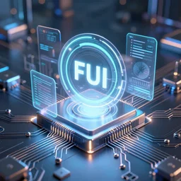 futuristic signals, FUI, HUD, futuristic holographic UI floating over microchip paradise of circuitry and futuristic technology
