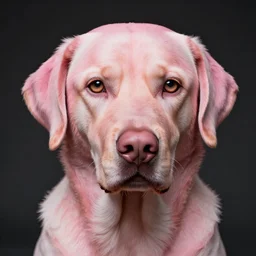 photo of a grotesque human - animal hybrid creature, portrait, human eyes, human ears, human nose, humanoid labrador, human skin, pink skin, humanoid figure