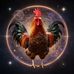 rooster in a planetary scene, mystical, astral, digital art, concept art, 4 k hd, symmetrical portrait