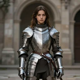 a beautiful girl medieval knight in armor full view cinematic, high octane, 4 k