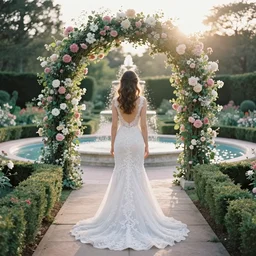 analog photograph of beautiful woman from the back, wearing a long flowing trumpet style lace wedding dress in a stunning garden on a small stone pathway with a flower archway and a pristine water fountain, golden hour, by mark owen. rule of thirds. pastel colours. light rays. bokeh. cinematic. hq. detailed. contrast. cinestill 8 0 0 t