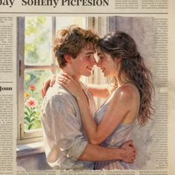 a watercolor and pencil on old newspaper, of very sweet lovers hugging by the lighted window. flowers. clear face. subsurface scattering shiny skin. beautiful lighting, 4 k post - processing, trending in art station, cg society, highly detailed, 5 k extremely detailed, 3 d. cinematic scene. sharp image.
