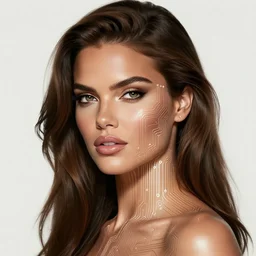 the face of beautiful, opulent, polished, enticing adriana lima made of circuitry, an ultrafine hyperrealistic illustration by artgerm and mucha and beeple, intricate linework, bright colors, final fantasy, unreal 5, global illumination, radiant light, intricate environment, subsurface scattering