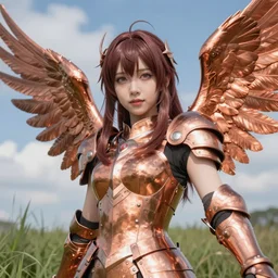 anime girl with copper wings and armor, selfie, extremely detailed, beautiful, grass, sky, clouds, sunny, reflective, sharp focus, cinematic lighting, intense, cheerful,