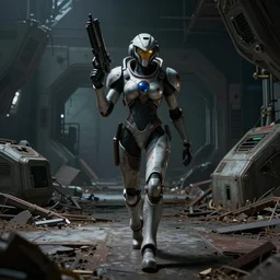 character portrait of samus aran from metroid, walking cautiously through a desolate broken down space station, holding a large gun in one hand with the other hand balancing it, moody lighting, dramatic lighting, moody colors, in the style of john singer sargent, 8 k, octane render, horror movie, dead space