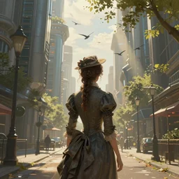 portrait of a victorian lady in a futuristic city, from behind, streets, birds in the sky, sunlight and rays of light shining through trees, tall buildings on the sides, beautiful, solarpunk!!!, highly detailed, digital painting