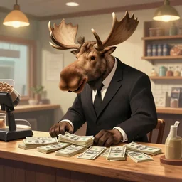 a moose behind the counter at a bakery with a suit on piles of money on the counter, trending on art station, 8 k, beautiful lighting