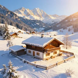 matte painting of winter mountain cottage szene in beautiful sunny landscape in the bavarian alps, by albert whitlock, amazing details, beautiful composition, vibrant colors, bird eye view, luminescent, warm hue's