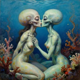 painting by zdzisław beksinski of two alien women kissing each other in a coral reef, exobiology