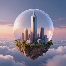 miniature island with a skyscraper inside a bubble, floating on clouds, realistic 3 d render, unreal engine, solarpunk, maya, 8 k, smooth, sharp focus, octane, twilight