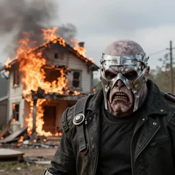 a photo of a house burning down in the background and doomguy with an eerie expression in the foreground, strong depth of field
