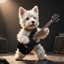 a high detail shot of an  Anthropomorphic west highland white terrier as a heavy metal guitarist, playing electric guitar, photorealism, volumetric lighting, epic lighting, artstation, hd