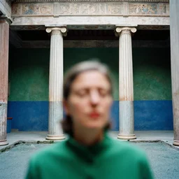 ( ( out of focus ) ), head to shoulders woman, photography by saul leiter and ernst haas in a decorated pompeii peristylium, tea green, airforce blue, red, closed eyes