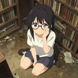 cute japanese vampire girl with glasses, sitting on the ground and looking up, covering half her face with one hand, in a ravaged library, overhead view, detailed digital artwork by Yoji Shinkawa and Takehito Harada and Hiroshi Yoshida and Katsuhiro Otomo