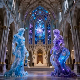 intricately detailed calm warm terrifying forms and made of soft translucent blue and violet plastic, glowing cosmic nebulae in an ornate rococo cathedral, intricately detailed colorful modern style by Damien Hirst, Artstation