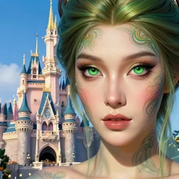 a close - up of beautiful tattooed fairy in front of the disney castle, hyper realistic face, green eyes, fantasy art, in the style of greg rutkowski, illustration, epic, fantasy, intricate, hyper detailed, artstation, concept art, smooth, sharp focus, vibrant