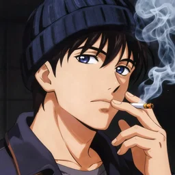 Retro anime drawing of a man smoking a cigarette by tatami galaxy and science saru, smoke, beanie, navy blue eyes, saturated color