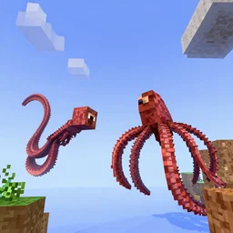giant squids battling in the sky, minecraft, 3 d render, minecraft