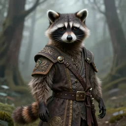 photography of a male anthropomorphic raccoon fursona dressed as a merchant in a misty forest, deep focus, d & d, fantasy, intricate, elegant, highly detailed, digital painting, artstation, concept art, matte, sharp focus, illustration, hearthstone, art by artgerm and greg rutkowski and alphonse mucha